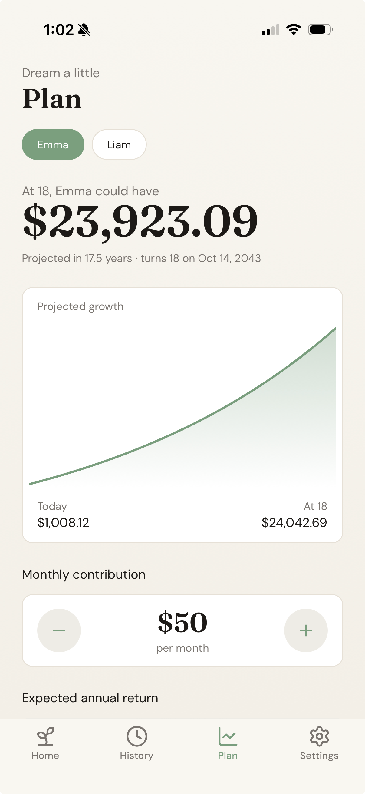 The Seedling app showing Emma's projected Section 530A balance of $23,923.09 at age 18, a projected-growth chart, and a $50/month contribution control
